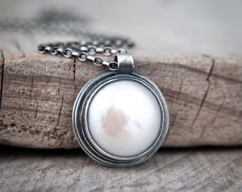 Classic White Pearl Pendant in Oxidised Sterling Silver Setting