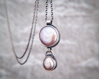 Baroque Pearl Duo Pendant in Oxidised Sterling Silver