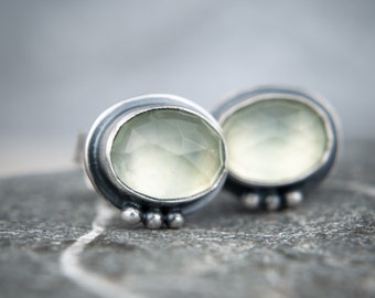 Natural Green Prehnite Stud Earrings in Oxidised Sterling Silver with Dot Accents