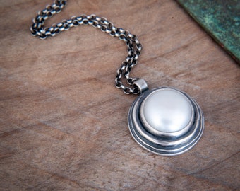 Lunar ~ White Pearl Pendant with Chunky Layered Setting in Hand Forged, Oxidised Sterling Silver