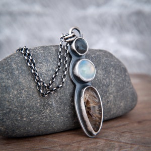 Mixed Stone Pendant in Hand Forged Sterling Silver Labradorite, Rainbow Moonstone and Golden Rutile Quartz image 3