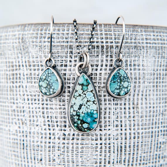 Turquoise Pendant and Earrings Set in Hand Forged Oxidised Sterling Silver