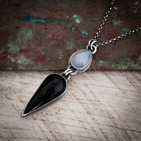 Polarity - Moonstone and Obsidian Linked Pendant in Oxidised Sterling Silver