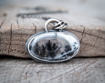 Snowy Hollow ~ Scenic Dendritic Opal Pendant in Oxidised Sterling Silver