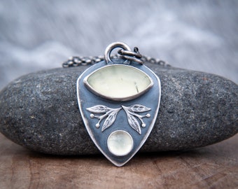 Vines - Prehnite Pendant with Leaf Details in Hand Forged Oxidised Sterling Silver