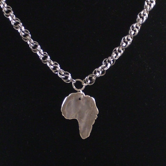 Pendant Necklace Cameo Africa White Copper Metal Clay Charm on Silver Plated Chain 20 inches ('USO' means Face in Swahili)