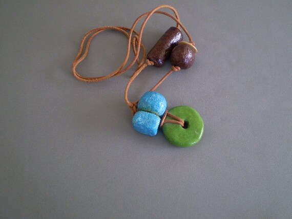 Handcrafted Turquoise Blue, Green & Brown Necklace Faience or Egyptian Paste Beads