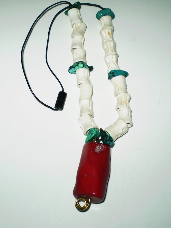 Necklace Turquoise Nuggets,White Bone, Coral Pendant 36mm x 20mm on Leather Necklace-18 inches Pendant-1.5 inch Magnetic Clasp