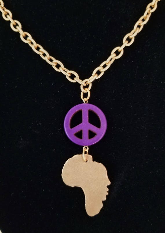 PEACE Africa Pendant Necklace Cameo (USO) Bronze Metal Clay, Magnesite and Gold Plated Chain 22 inches