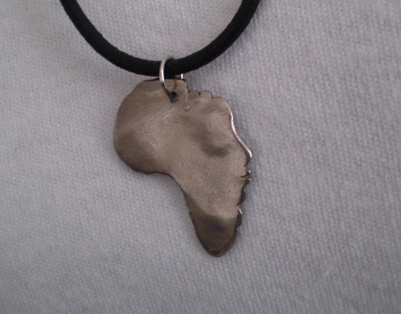 Africa Pendant Necklace Cameo (USO) White Copper Metal Clay 16 inch Black Leather Cord