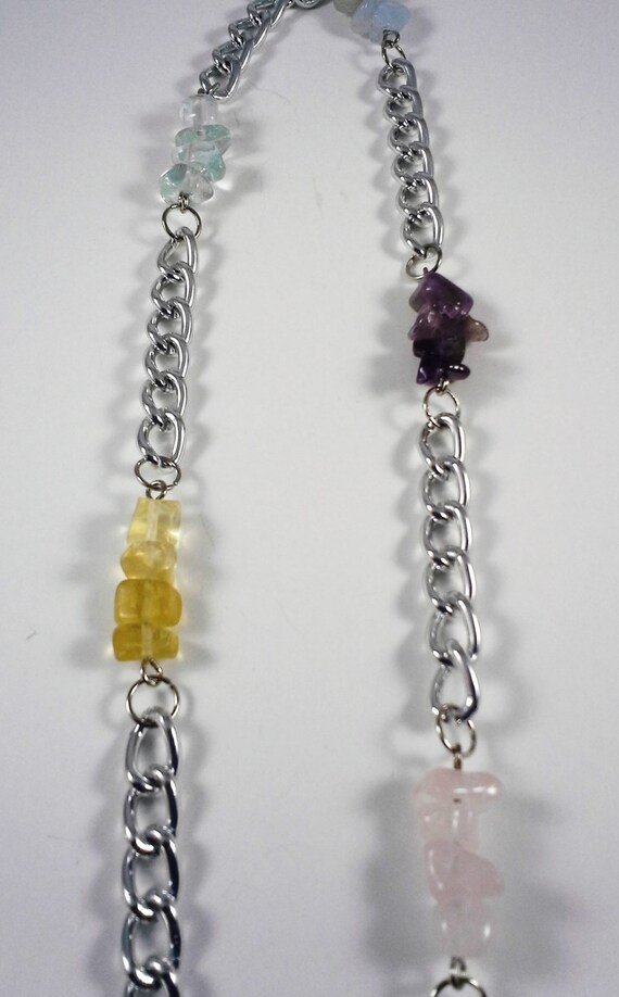 Pastel Rainbow Collection:  Amethyst, Blue Lace Agate, Green Fluorite, Lemon Quartz & Rose Quartz Necklace Silver Plated Chain 18 inches