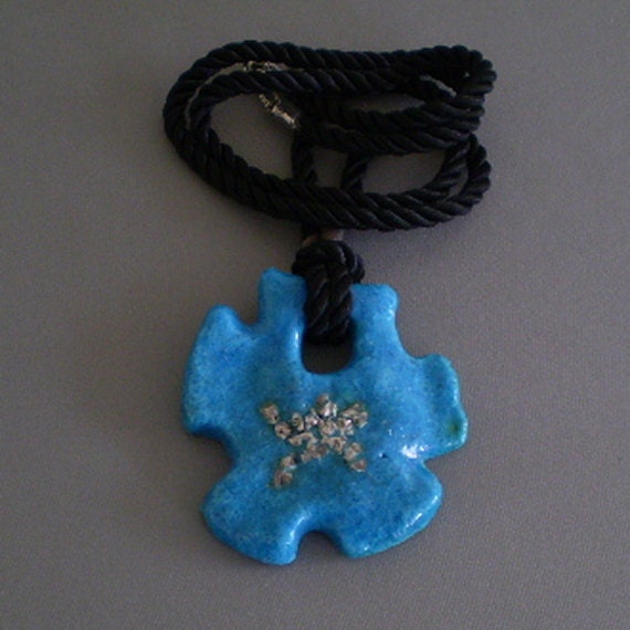 Handcrafted Turquoise Blue Ceramic & Silver Clay Necklace - Faience or Egyptian Paste