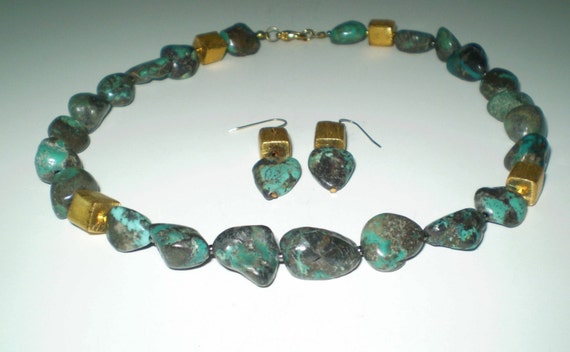 Necklace and Earring Set Green & Grey Turquoise Nuggets with Antique Gold Plated Beads 18 inches Earrings 2 inches