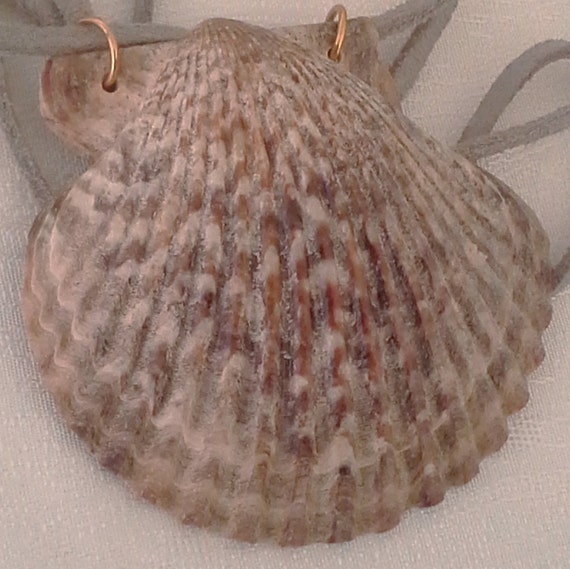 Scallop Shell Shades of Grey Pendant 2.2 x 2.1 x .5 inches on Grey Suede Leather 36 inch Cord - Jewelry by Jennell (JxJ)