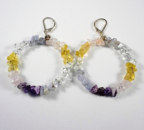 Pastel Rainbow Collection:  Amethyst, Blue Lace Agate, Green Fluorite, Lemon Quartz & Rose Quartz Earrings Silver Plated Chain 2.5 inches