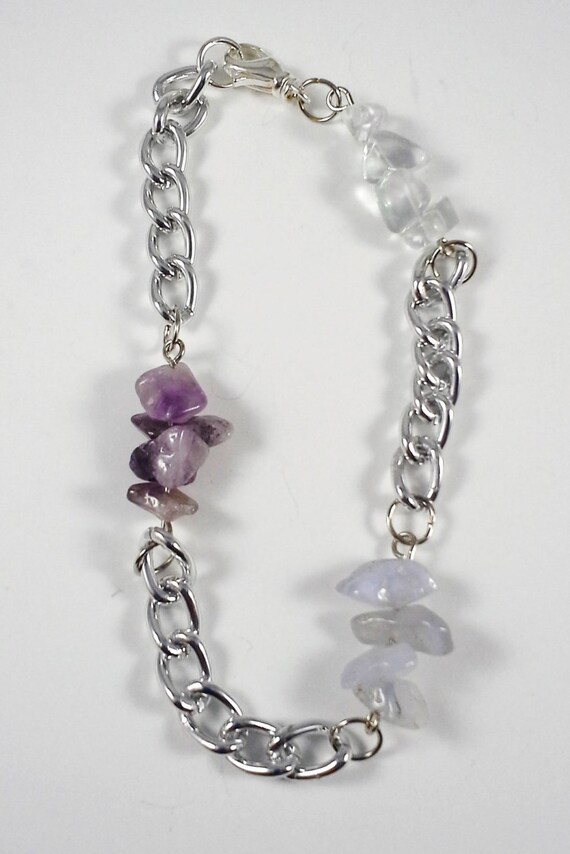 Pastel Rainbow Collection:  Amethyst, Blue Lace Agate, Green Fluorite, Lemon Quartz & Rose Quartz Anklet Silver Plated Chain 9 inches