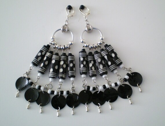 Earrings Bone and Shell, Black and White and Silver Plated Beads 5 inches Long