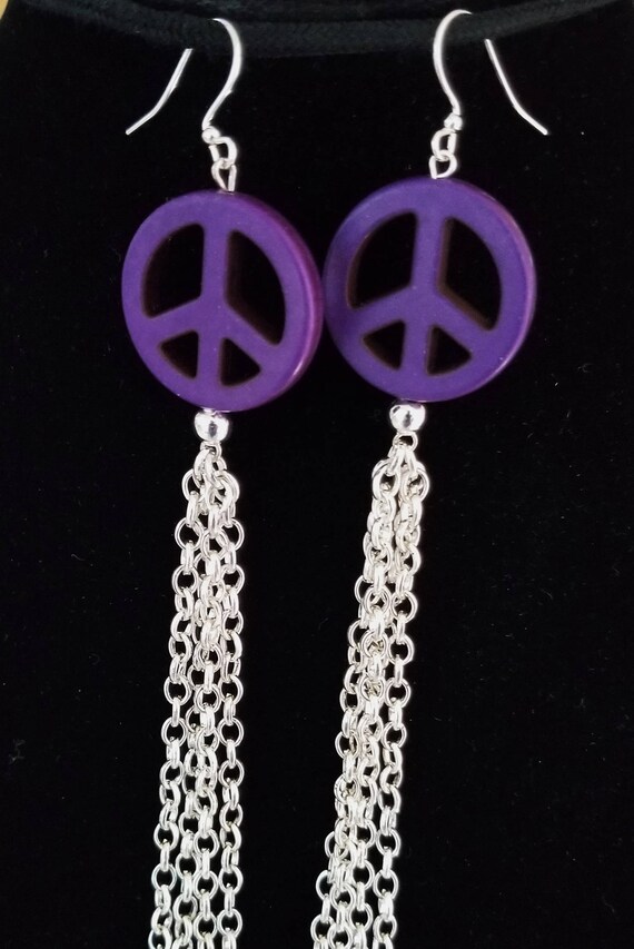 PEACE Sign Purple Magnesite Earrings Silver Plated Chain Fringe 5 inches