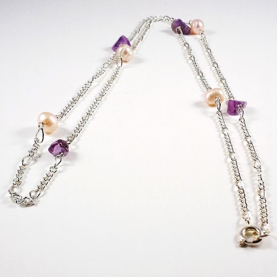 Champagne Freshwater Pearls and Amethyst Necklace on Silver Plated Chain 26 inches