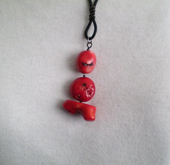 Necklace Pendant Red Branch Coral 60mm x 30mm is 2.5 inches and it is attached to a 22 inch Black Leather Cord