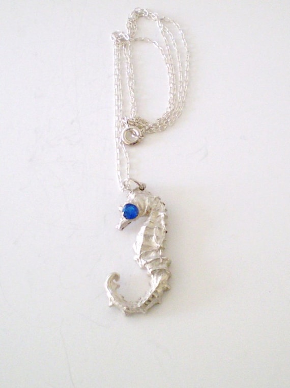 Fine Silver Pendant Necklace Sea Horse Simulated Sapphire Eye .999 Precious Metal Clay 18 inch Sterling Silver Chain