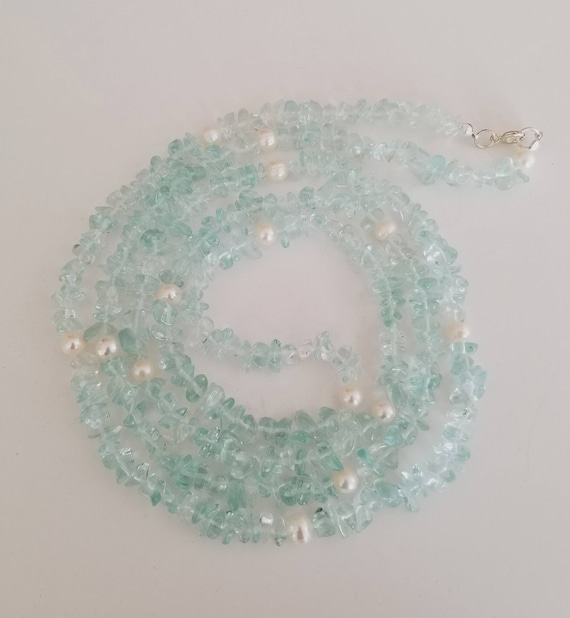 Necklace Aqua Green Fluorite with White Freshwater Pearl 48 inches Long.