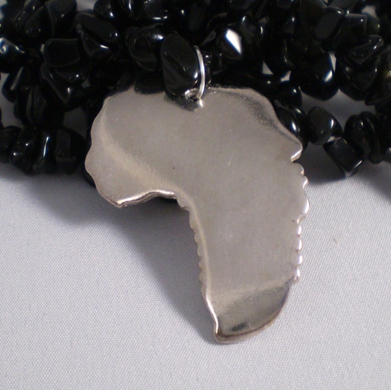 Silver Pendant .999 Necklace 34 inch Black Obsidian Nuggets Strand 'Africa' Cameo 'USO' Face in Swahili 42mm x 31mm x 2mm .999 Silver Clay