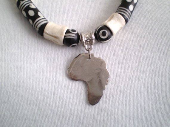 Africa Pendant Necklace Cameo (USO) White Copper Metal Clay, Black/White Bone Beads & Glass Beads 17 inches