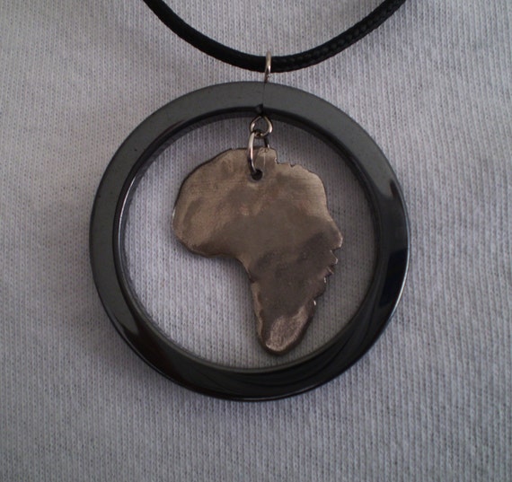 Africa Pendant Necklace Cameo (USO) White Copper Metal Clay, Hematite 19 inch Black Cord