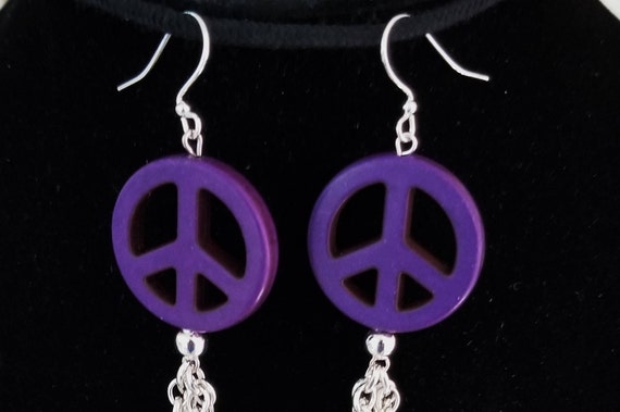 PEACE Sign Purple Magnesite Earrings Silver Plated Chain Fringe 6 inches