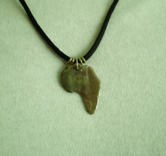 Africa Pendant Necklace Cameo (USO) White Copper Metal Clay 22 inch Black Satin Cord