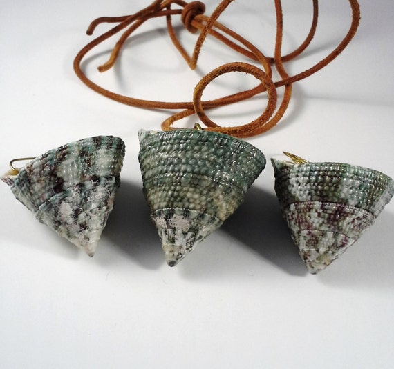 Necklace and Earring Set Green & Grey Cone Shells on Brown Suede 36 inches Earrings 2.5 inches