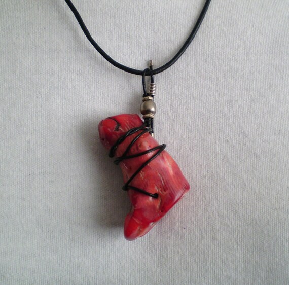 Pendant Necklace Red Branch Coral 40mm x 30mm Pendant is 2 1/2 inches and it is attached to a 22 inch Black Leather Cord