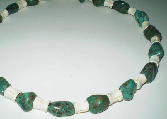 Necklace Green & Grey Turquoise Nuggets with White Bone Beads 22 inches Easy On and Off Magnetic Clasp.