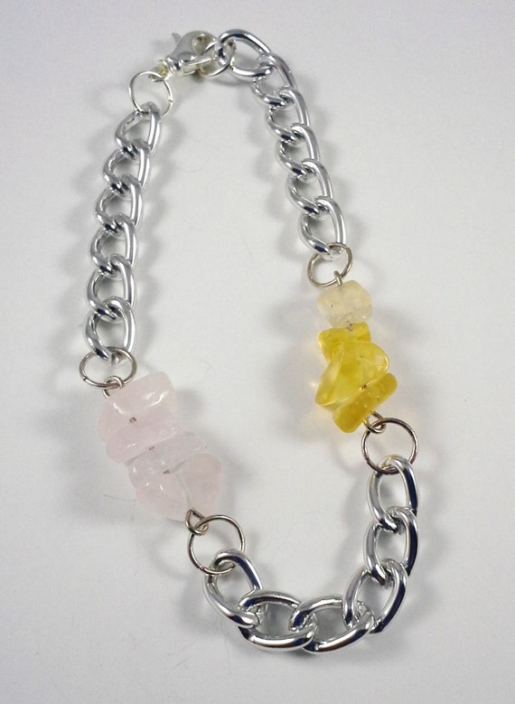 Pastel Rainbow Collection:  Amethyst, Blue Lace Agate, Green Fluorite, Lemon Quartz & Rose Quartz Bracelet Silver Plated Chain 7 inches