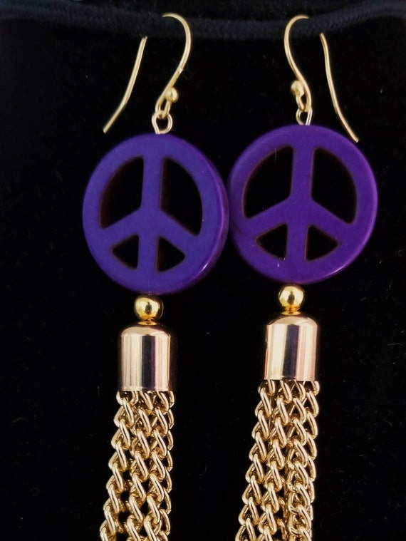 PEACE Sign Purple Magnesite Earrings Gold Plated Chain Fringe 5.5 inches