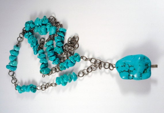 Necklace Turquoise Nuggets Robin's Egg Blue/Black Matrix Pendant 28mm x 22mm x 14mm Necklace-26 inches Long Pendant-2 inches