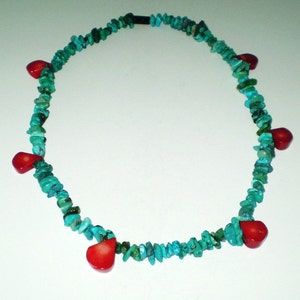 Necklace Turquoise Nuggets with Red Coral Teardrop Beads 22 inches Easy On and Off Magnetic Clasp.
