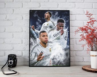 Real Madrid Trio Poster, Mbappe Vini Jr Bellingham Wall Art, Soccer Gift for Him, Sports Bedroom Decor, Printable Digital Art