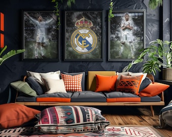 Real Madrid Poster Set of 3, Mbappe Bellingham Badge Wall Art, Soccer Gift for Him, Sports Bedroom Decor, Printable Digital Art