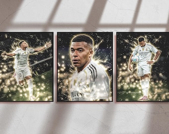 Kylian Mbappe Prints Gold: Real Madrid, Fußball Poster (3er Set)