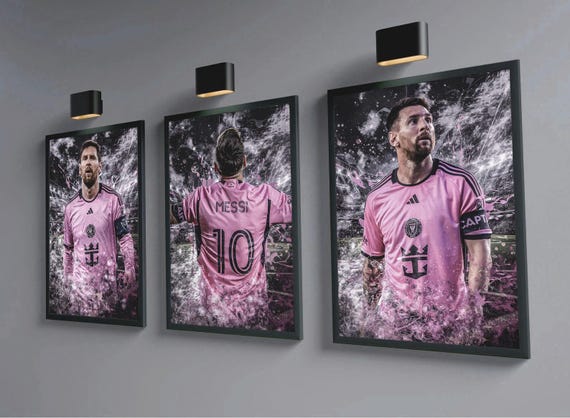 Lionel Messi Poster Set of 3, Inter Miami Wall Art, Soccer Gift for Him, Sports Bedroom Decor, Printable Digital Art
