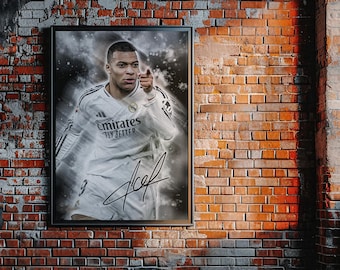 Foto Incorniciata Di Kylian Mbappe Real Madrid - Formato A4 Con Firma Digitale, Cornice Legno Nero, Regalo Per Tifosi - Foto 5
