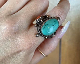 Sleeping Beauty Turquoise with Natural Red Coral Accents Sterling Statement Ring