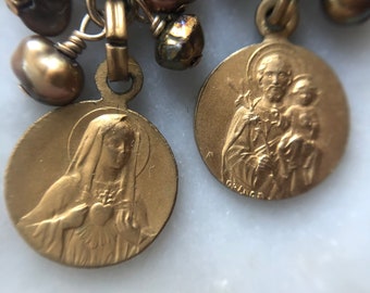 Vintage Catholic Medal Cluster Drop Earrings