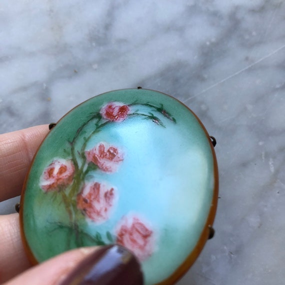 Hand Painted Roses on Porcelain Pendant/Brooch 19… - image 7