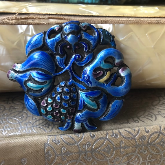 Chinese Blue Enamel Fruit and Bat Brooch