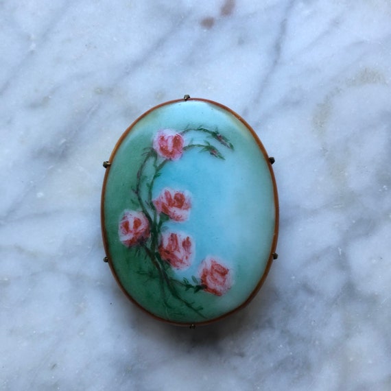 Hand Painted Roses on Porcelain Pendant/Brooch 19… - image 2
