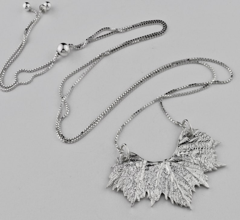 Fine Silver Artisan Grape Leaf Trio Long Adjustable Necklace by Carol Ann Bosek