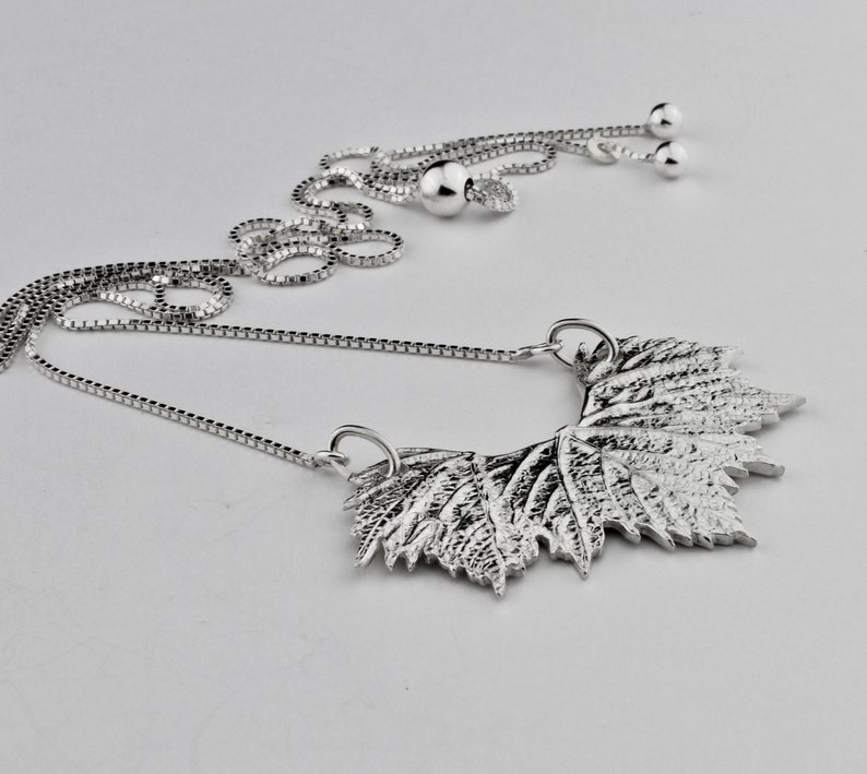 Fine Silver Artisan Grape Leaf Trio Long Adjustable Necklace by Carol Ann Bosek